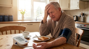 Hombre mayor sentado en una mesa de cocina con bata, midiéndose la presión arterial con un monitor digital, con taza de café y tostada cerca.