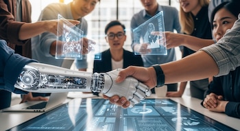 Una mano humana estrecha la mano de un robot biónico en una mesa con interfaces digitales. Varias personas observan y manipulan datos holográficos.