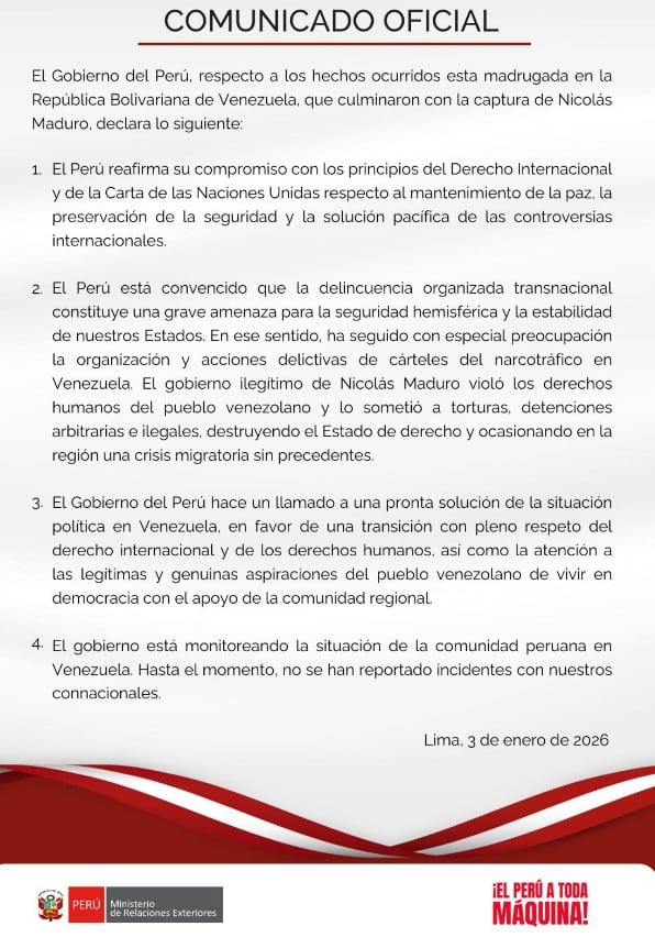 Cancillería de Perú se pronuncia por captura de Nicolas Maduro .Foto: Cancillería de Perú