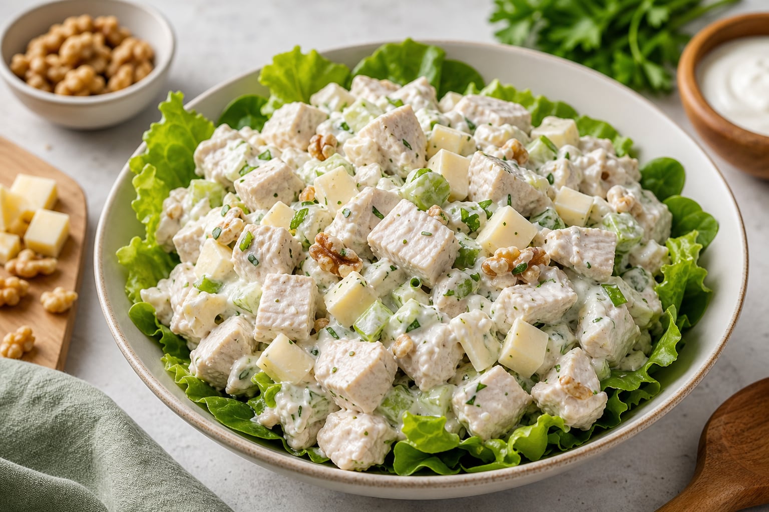 Un cuenco contiene una ensalada de pechuga de pollo en cubos con aderezo de yogur, queso y nueces sobre una base de hojas de lechuga. (Imagen Ilustrativa Infobae)