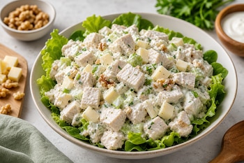 Cuenco con ensalada de pollo en dados, queso, nueces y salsa blanca sobre hojas de lechuga, junto a recipientes pequeños con ingredientes.