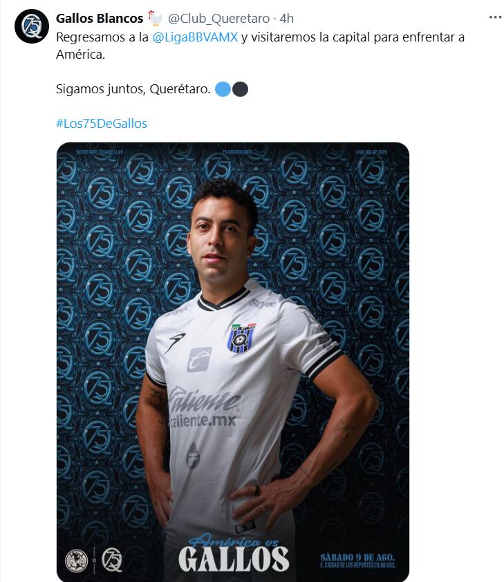 Águilas y gallos llegan a la jornada 4 del Apertura 2025 luego de fracasar en Leagues Cup. (X/Gallos Blancos)