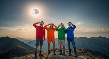Cuatro personas con gafas de eclipse observan un eclipse solar sobre una cumbre montañosa. Visten sudaderas rojas, naranjas, verdes y azules.