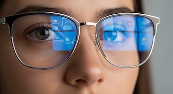 Primer plano del rostro de una persona usando gafas con filtro de luz azul; en los cristales se refleja una pantalla de computadora con iconos azules.