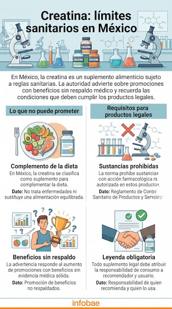 Infografía con ilustraciones de microscopios, matraces, frascos de creatina, un plato con alimentos, un trofeo y un apretón de manos.