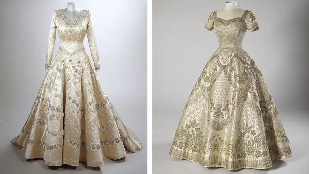 El vestido de novia de la princesa Isabel creado por Norman Hartnell en 1947; a la derecha, el vestido de coronación de la reina, también diseñado por Hartnell, de 1953