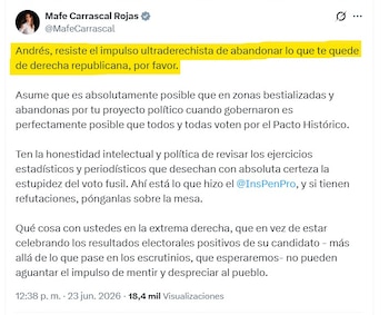 Mafe Carrascal pidió “honestidad intelectual” y citó estudios académicos que, según ella, desmontan la tesis de coacción electoral - crédito @MafeCarrascal/X