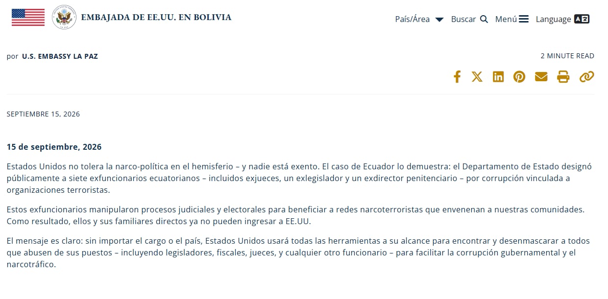 Un comunicado de la Embajada de Estados Unidos en Bolivia informa la prohibición de ingreso a ese país para siete exfuncionarios de Ecuador por corrupción. (Infobae América)