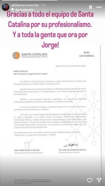 El último parte médico hasta el momento de Jorge Lanata (Instagram)