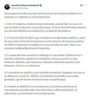 Pedraza calificó como "inconstitucional" el decreto firmado por De la Espriella - crédito @JenniferPedraz/X