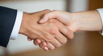 Primer plano de dos manos entrelazadas en un apretón. Una mano lleva la manga de un traje y camisa blanca. La otra mano lleva una manga blanca.