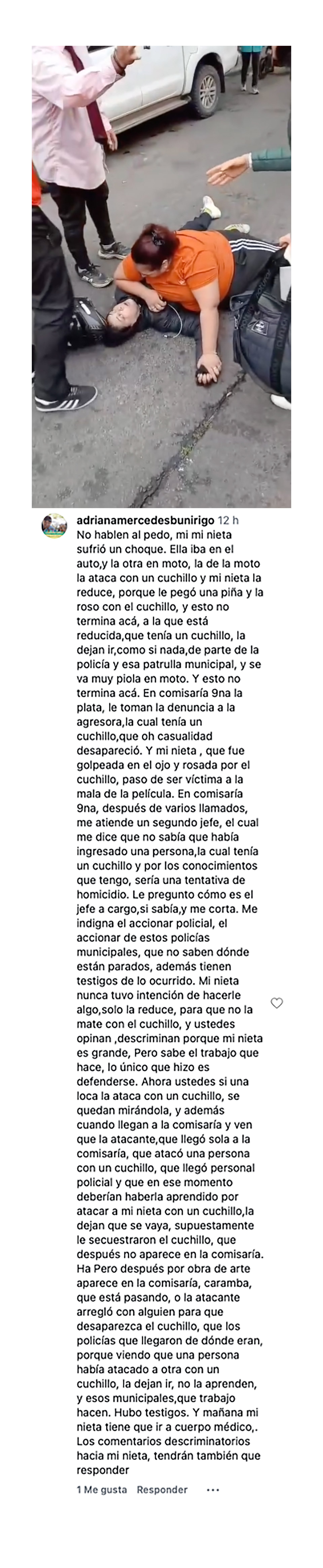 El extenso descargo y versión de quien sería la abuela de la mujer que está reduciendo a la motociclista