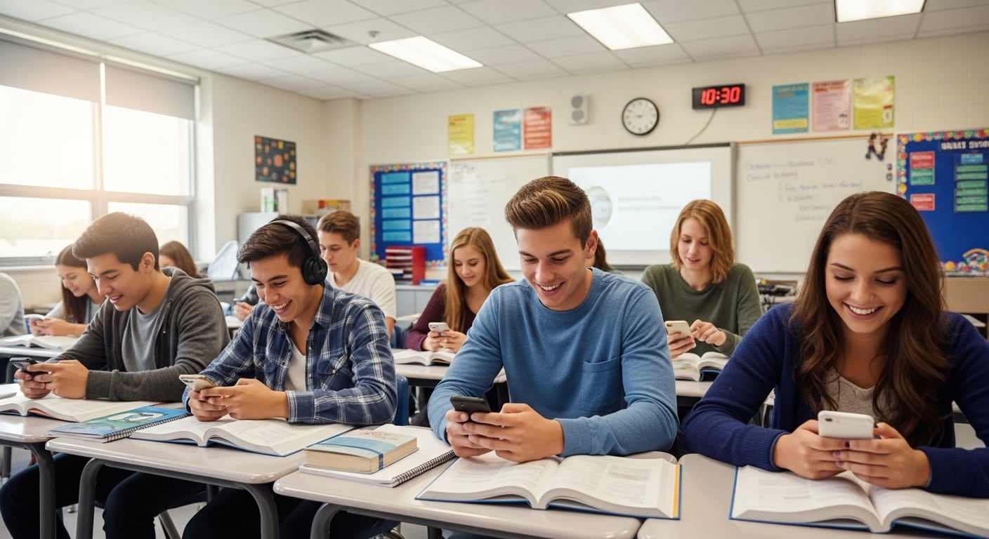 Adolescentes sentados en sus pupitres de un aula en un colegio de EE.UU. utilizan activamente sus teléfonos celulares, reflejando la integración de la tecnología en el entorno educativo. (Imagen Ilustrativa Infobae)
