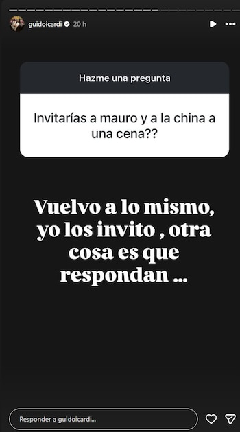 Captura de pantalla de una historia de Instagram de Guido Icardi con una pregunta y su respuesta sobre invitar a 'Mauro y la China' a cenar