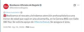 El Cuerpo Oficial de Bomberos informó que brindó atención prehospitalaria y solicitó apoyo de la Secretaría de Salud en el lugar del incidente - crédito @BomberosBogota/X
