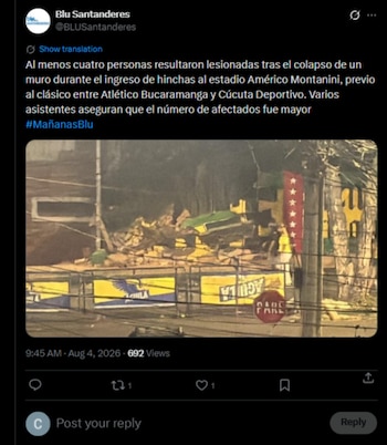 Cuatro personas resultaron heridas tras colapsarse un muro durante el ingreso al estadio Américo Montanini-crédito @BLUSantanderes/X