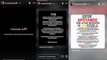 Tres historias de Instagram de Luciana Fuster que muestran mensajes de apoyo, la bandera de Venezuela y texto con llamados a la coordinación de ayuda