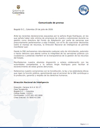 La DNI aseguró que facilitará la información necesaria para identificar quiénes estarían detrás de las presuntas amenazas y extorsiones denunciadas por la exdirectora del Dapre y del Fondo Adaptación - crédito DNI