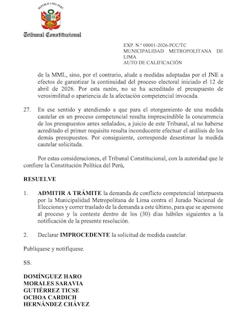 Documento oficial del Tribunal Constitucional del Perú con su escudo, texto legal de resolución, detalles de expediente y nombres de magistrados firmantes