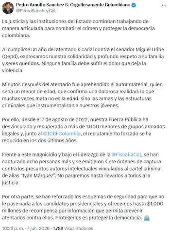 Pedro Arnulfo Sánchez afirmó que el gobierno intensificó la protección a candidatos presidenciales tras magnicidio de Miguel Uribe Turbay - crédito @PedroSanchezCol/X