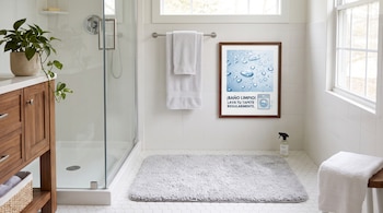Un tapete gris sobre azulejos blancos en un baño con ducha de vidrio, plantas y un cuadro informativo en la pared.