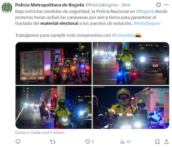 Policía de Bogotá asegura el traslado del material electoral con caravanas por aire y tierra para la segunda vuelta presidencial. - crédito @PoliciaBogota/X