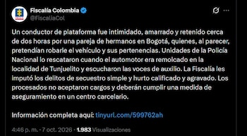 La Fiscalía General de la Nación judicializó a los hermanos Franklin Jovani y Yurley Andrea Pira Sarmiento por el secuestro y hurto a un conductor de plataforma digital - crédito @FiscaliaCol / X