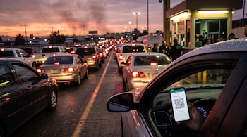 Una mano sostiene un teléfono con un código QR frente a una fila de automóviles alineados hacia una caseta de control al atardecer.