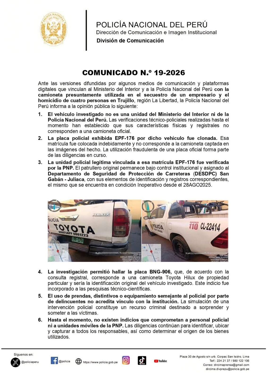 Comunicado de la PNP