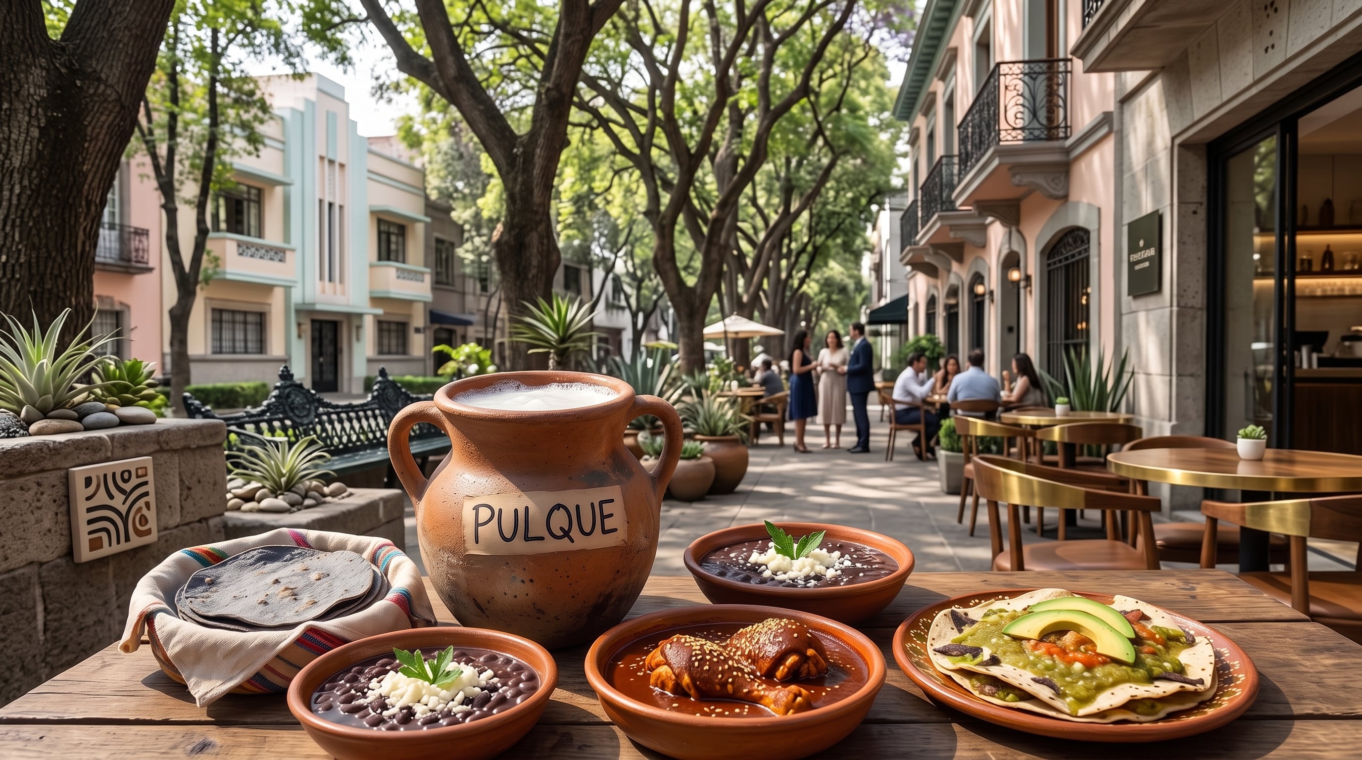 Diversos platos de la cocina tradicional mexicana y una vasija de pulque reposan sobre una mesa en la colonia Condesa. (Imagen Ilustrativa Infobae)