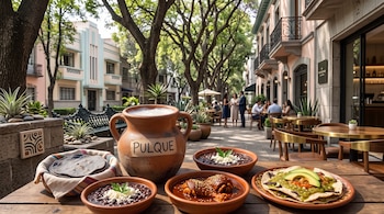 Una vasija de barro etiquetada como pulque, cuencos de mole, frijoles y tortillas sobre una mesa exterior en una calle arbolada.