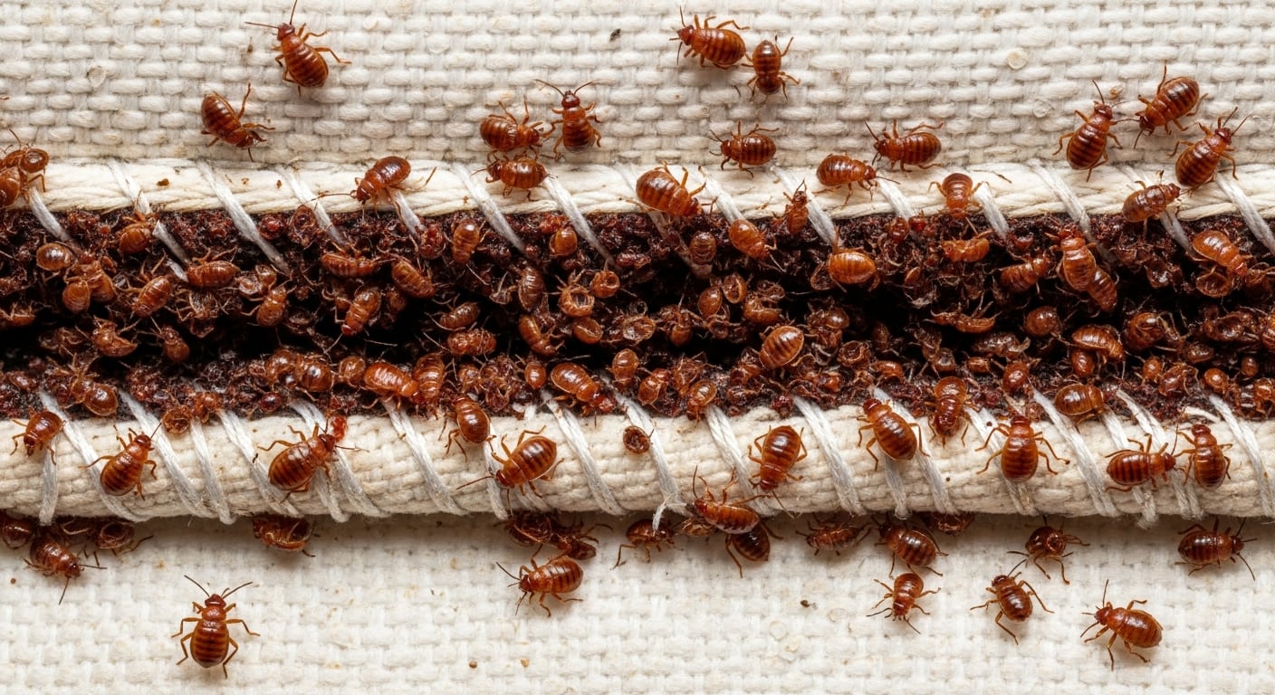 Numerosas chinches de cama se aglomeran en el pliegue de una tela, evidenciando una severa infestación que requiere atención inmediata para su erradicación. (Imagen Ilustrativa Infobae)