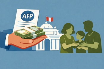 Ilustración de una mano entregando billetes de soles peruanos a una familia; detrás, un documento con el logo AFP y el Congreso de Perú.