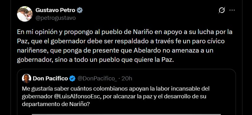 Gustavo Petro defendió a Luis Alfonso Escobar y propuso un “paro cívico” como muestra de apoyo - crédito @petrogustavo/X