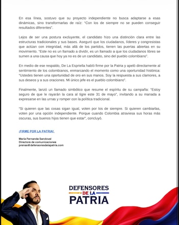 En la antesala de las elecciones presidenciales en Colombia, el candidato Abelardo De La Espriella oficializó su negativa a pactar con colectividades tradicionales - crédito Aberlardo de la Espriella