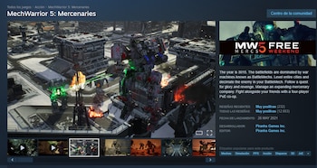 Captura de pantalla del videojuego MechWarrior 5: Mercenaries. Un robot gigante gris y verde dispara. Hay edificios, nieve, explosiones y humo