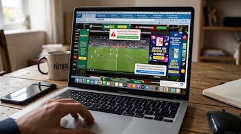 Mano sobre trackpad de laptop con pantalla de partido de fútbol, anuncios de apuestas y alerta de seguridad. Hay una taza, un teléfono móvil, un ratón y un cuaderno.