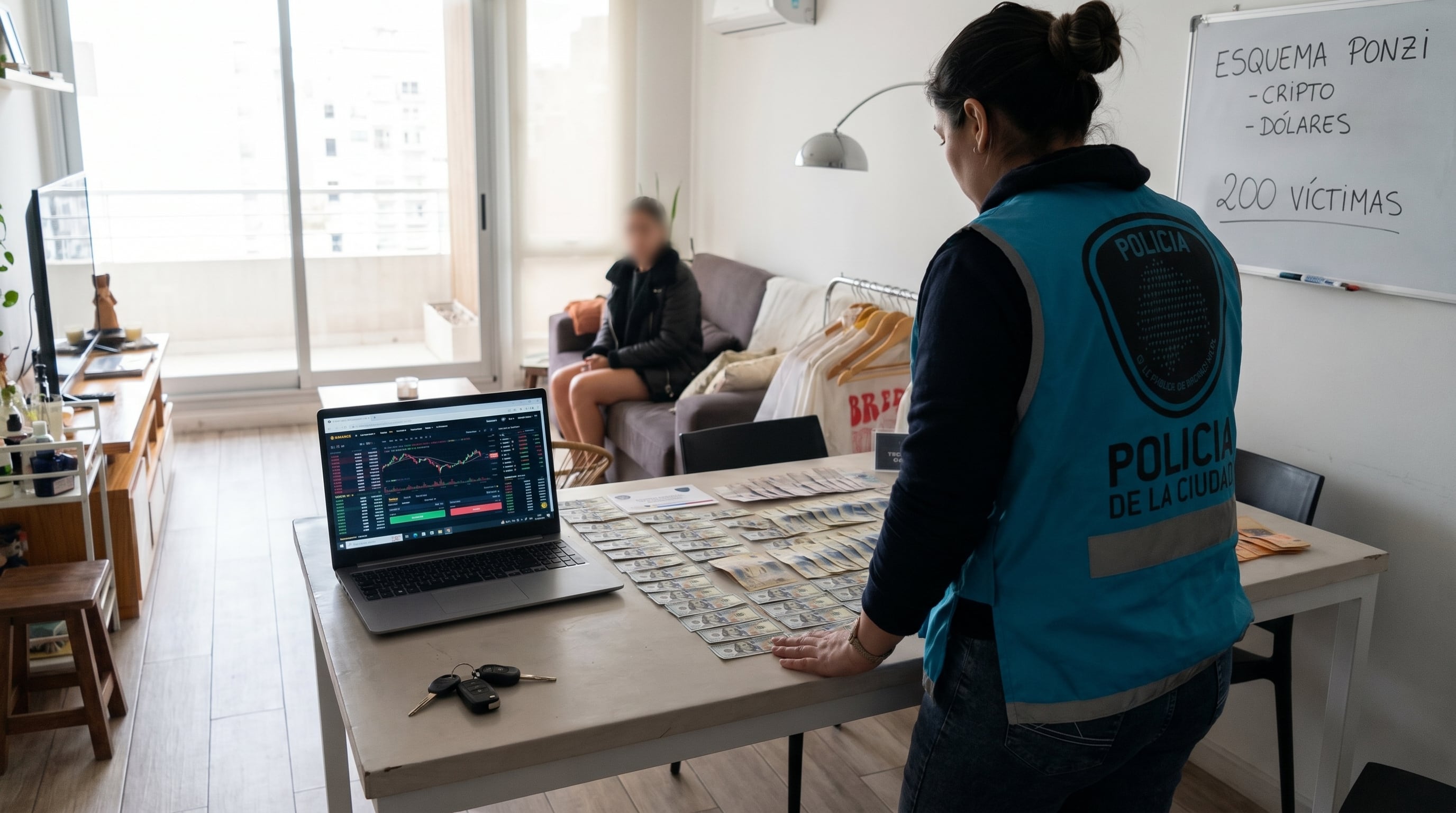 Oficial de la Policía de la Ciudad revisa evidencia que incluye dólares, un portátil con gráficos de criptomonedas y llaves de vehículo, como parte de la investigación de un esquema Ponzi que estafó a 200 víctimas en todo el país. (Imagen Ilustrativa Infobae)
