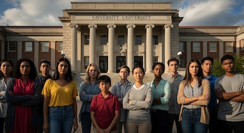 Un grupo diverso de personas, incluyendo jóvenes y adultos, de pie frente a la fachada de un edificio universitario clásico con columnas y una gran escalinata.