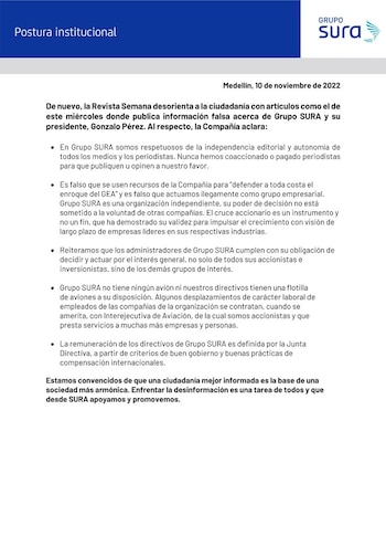 Sura se defiende contra señalamientos de presiones a la prensa. Fuente: Sura.