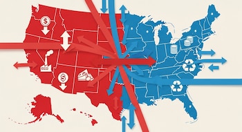 Mapa de Estados Unidos dividido en rojo y azul con flechas que indican el movimiento entre estados y diversos iconos económicos como dinero, fábricas y reciclaje.
