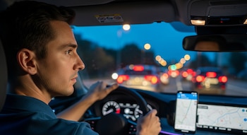 Un hombre joven conduce un coche por la noche, con las manos en el volante. Un smartphone con mapa está visible en el salpicadero. Luces de tráfico borrosas al fondo.
