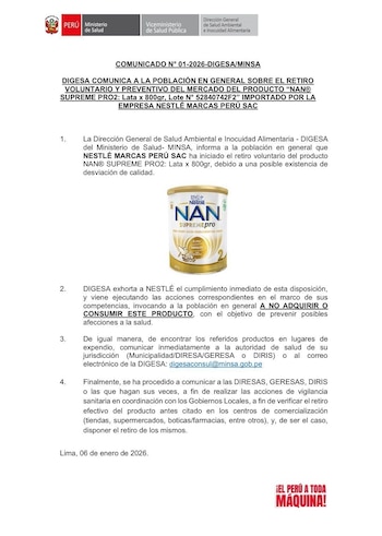 Comunicado de Digesa sobre el