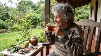 Mujer de edad sonríe bebiendo de una taza con vapor, sentada en un porche. Sobre una mesa hay una tetera, guayabas y hojas secas.