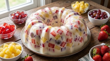 Gelatina mosaico redonda con base blanca y cubos de gelatina de fresa, piña y uva, rodeada de cuencos con estos ingredientes frescos sobre una mesa de madera.