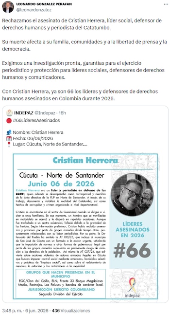 Leonardo González Perafán exigió protección tras asesinato de periodista en Cúcuta - crédito @leonardonzalez/X