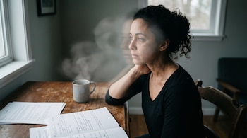 Mujer con cabello oscuro y manchas en el cuello mira por la ventana desde una mesa de madera con taza humeante y cuaderno abierto.