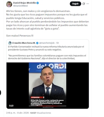 El ministro Daniel Rojas Medellín criticó al Partido Conservador por no respaldar la reforma tributaria del Gobierno Petro - crédito @DanielRMed/X