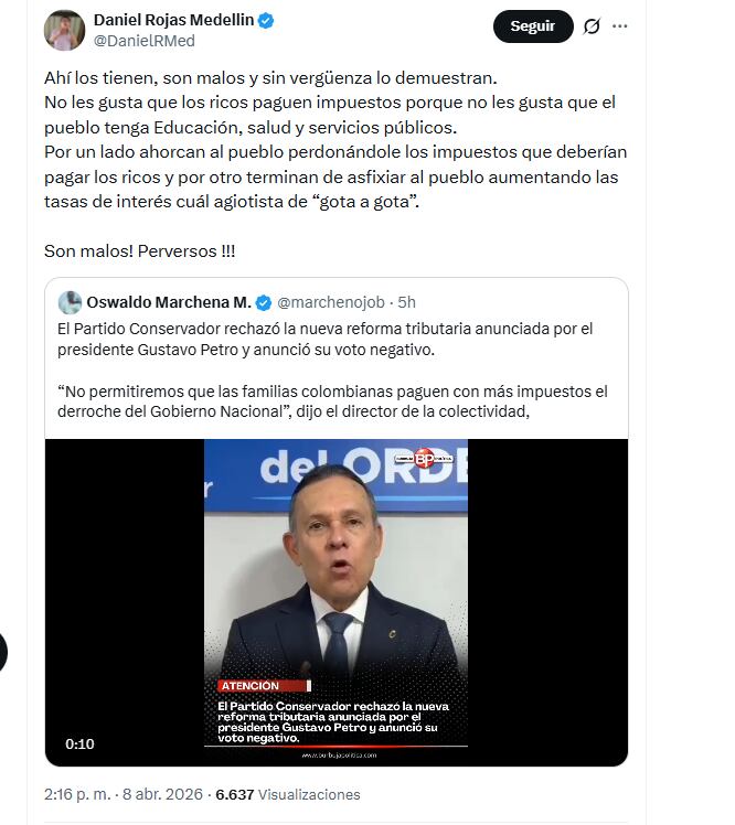 El ministro Daniel Rojas Medellín criticó al Partido Conservador por no respaldar la reforma tributaria del Gobierno Petro - crédito @DanielRMed/X