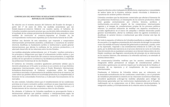 El pronunciamiento colombiano enfatizó que las restricciones ecuatorianas afectaron la seguridad jurídica y el comercio intracomunitario en la Comunidad Andina - crédito Cancillería